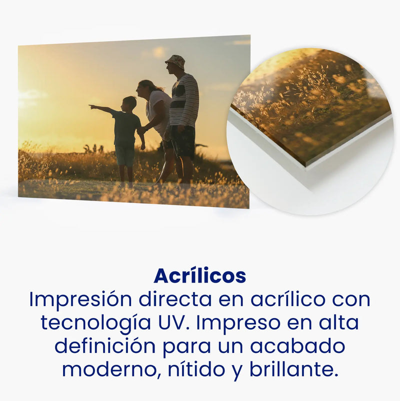 Acrílicos: Impresión directa en acrílico con tecnología UV. Impreso en alta definición para un acabado moderno, nítido y brillante.