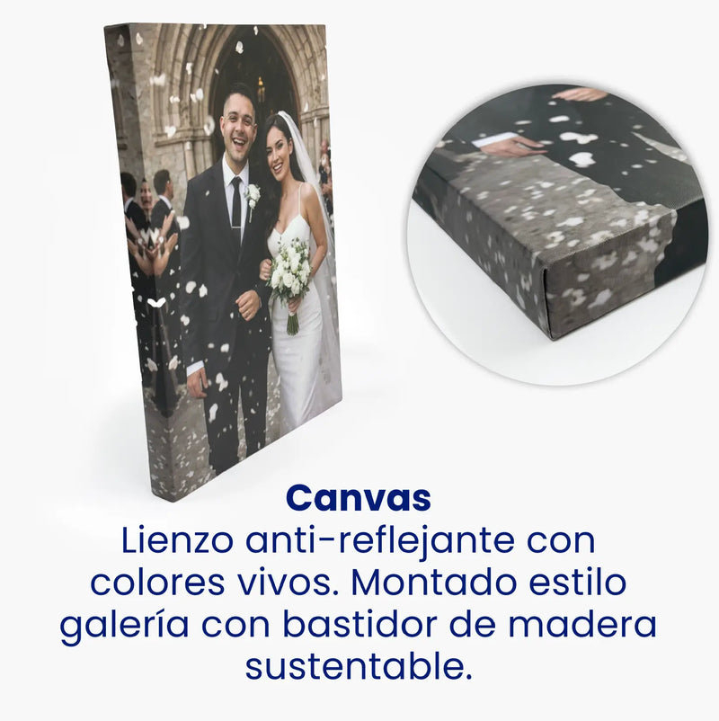 Canvas: Lienzo anti-reflejante con colores vivos. Montado estilo galería con bastidor de madera sustentable.