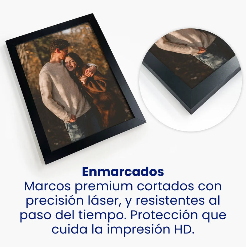 Enmarcados: Marcos premium cortados con precisión láser, y resistentes al paso del tiempo. Protección que cuida la impresión HD.