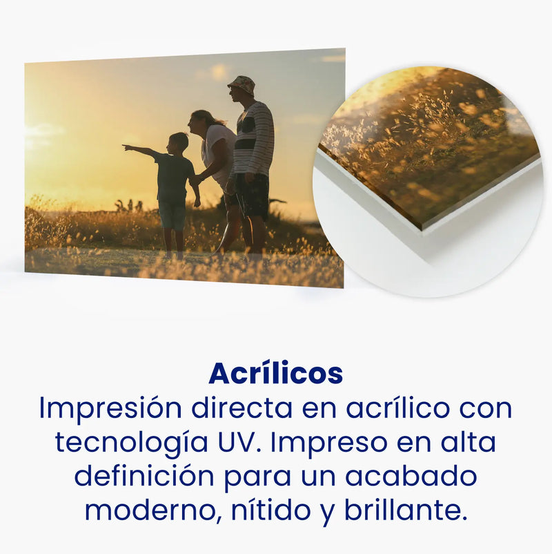 Acrílicos: Impresión directa en acrílico con tecnología UV. Impreso en alta definición para un acabado moderno, nítido y brillante.