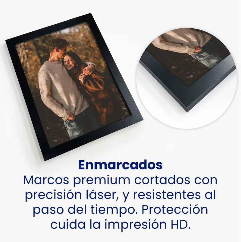 Enmarcados: Marcos premium cortados con precisión láser, y resistentes al paso del tiempo. Protección cuida la impresión HD.