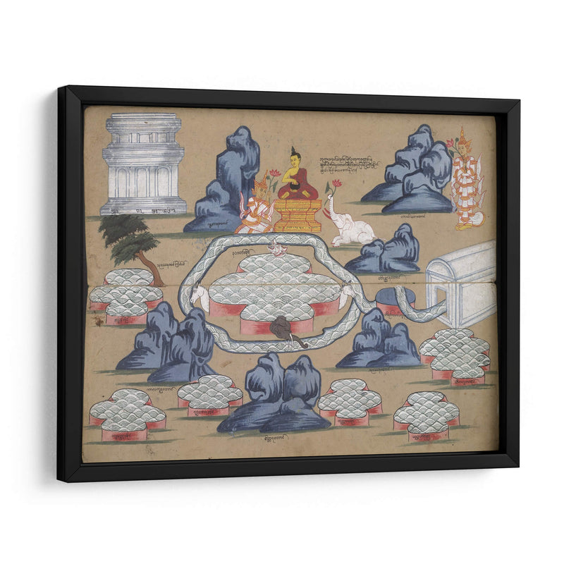 Panel de manuscrito de cosmología que muestra a Buda comiendo junto al lago Anottata | Cuadro decorativo de Canvas Lab