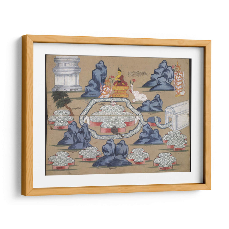 Panel de manuscrito de cosmología que muestra a Buda comiendo junto al lago Anottata | Cuadro decorativo de Canvas Lab