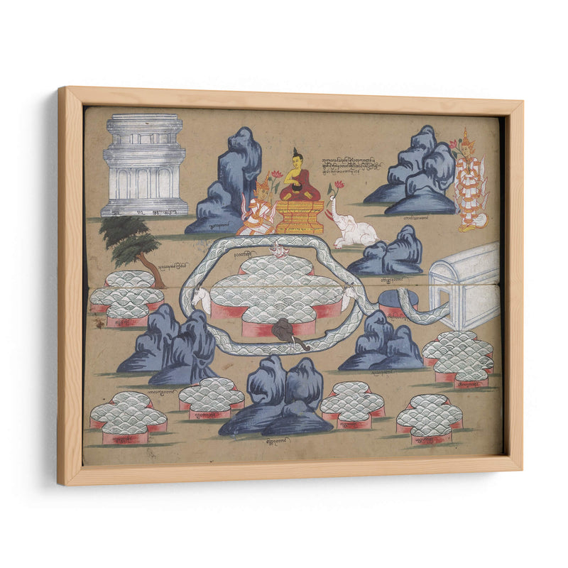 Panel de manuscrito de cosmología que muestra a Buda comiendo junto al lago Anottata | Cuadro decorativo de Canvas Lab