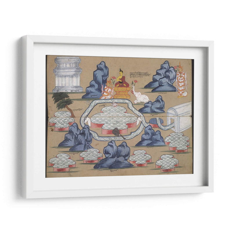 Panel de manuscrito de cosmología que muestra a Buda comiendo junto al lago Anottata | Cuadro decorativo de Canvas Lab