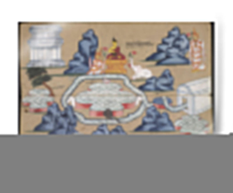 Panel de manuscrito de cosmología que muestra a Buda comiendo junto al lago Anottata | Cuadro decorativo de Canvas Lab