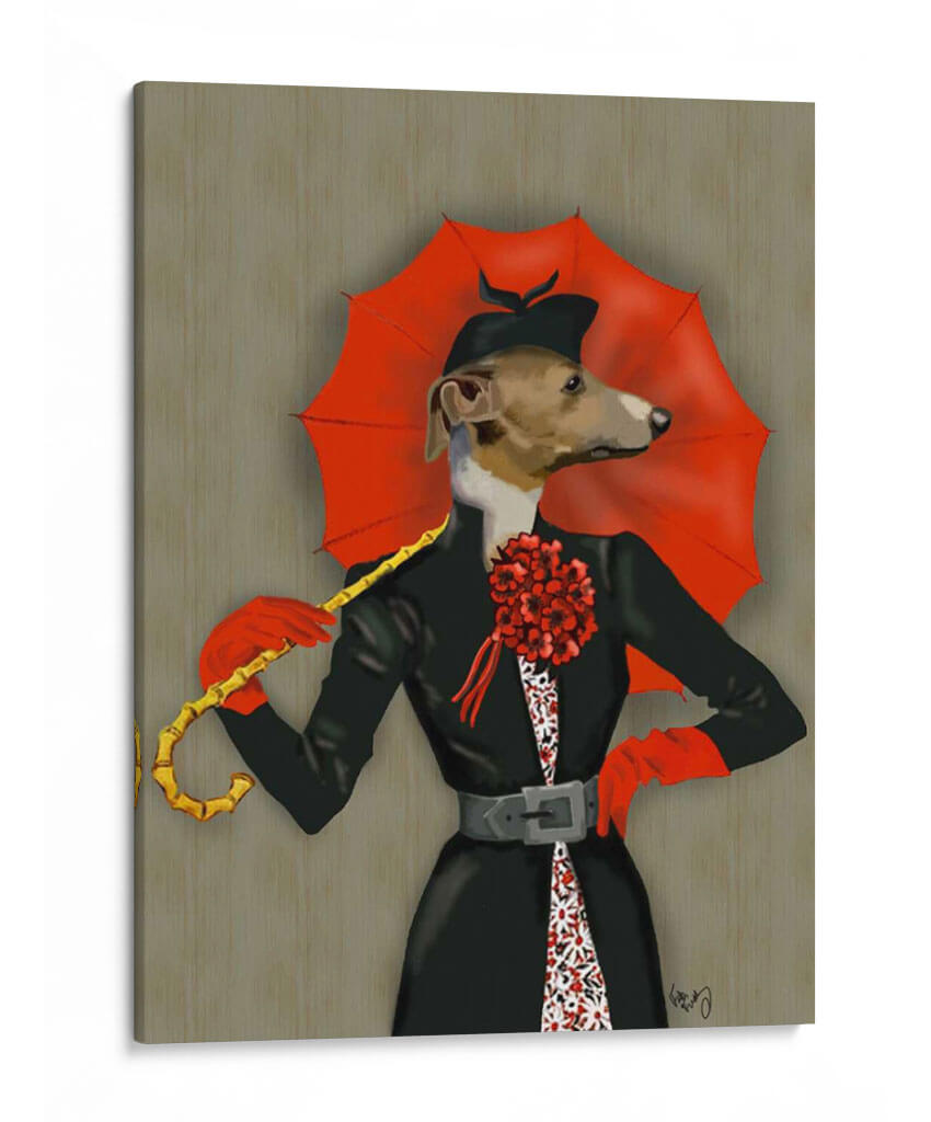 Elegante Galgo Y Paraguas Rojo. - Fab Funky | Cuadro decorativo de Canvas Lab