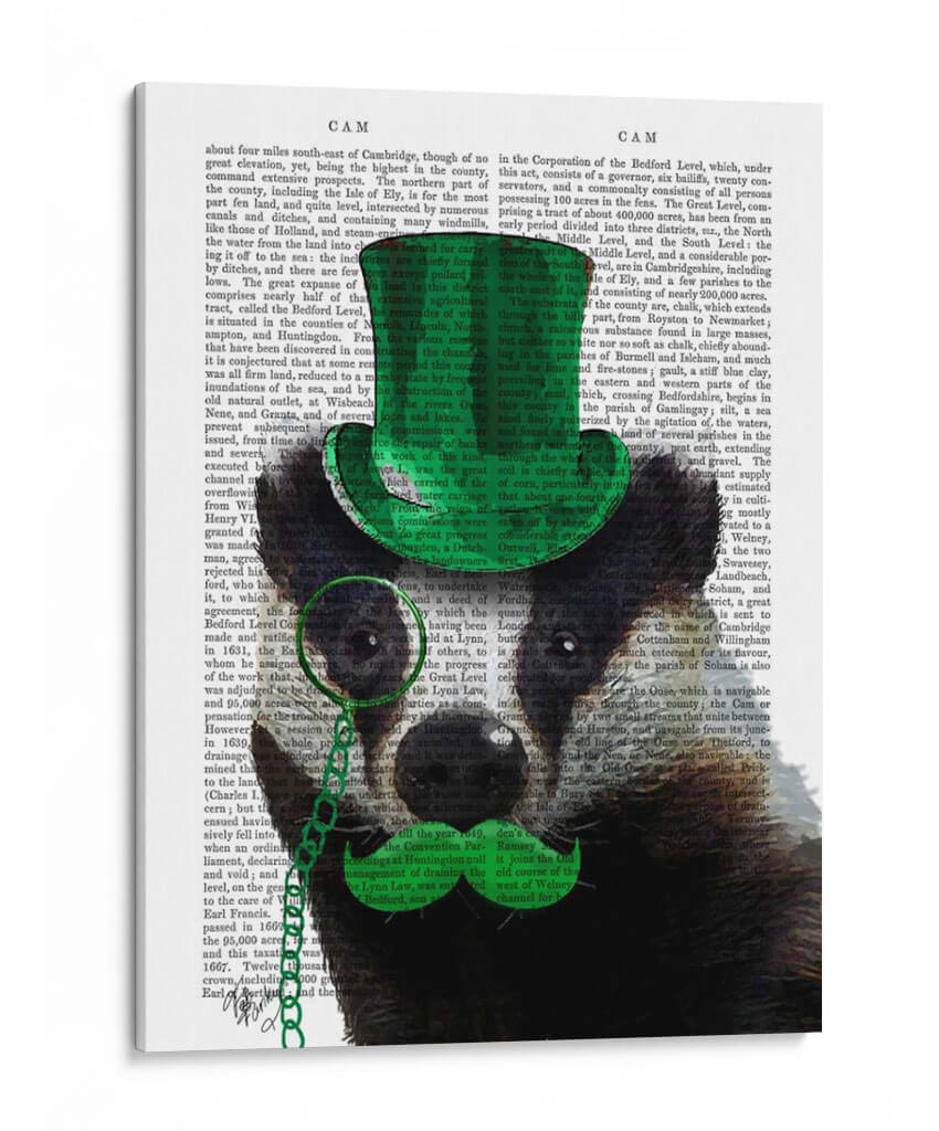 Tejón Con Sombrero De Copa Verde Y Bigote - Fab Funky | Cuadro decorativo de Canvas Lab