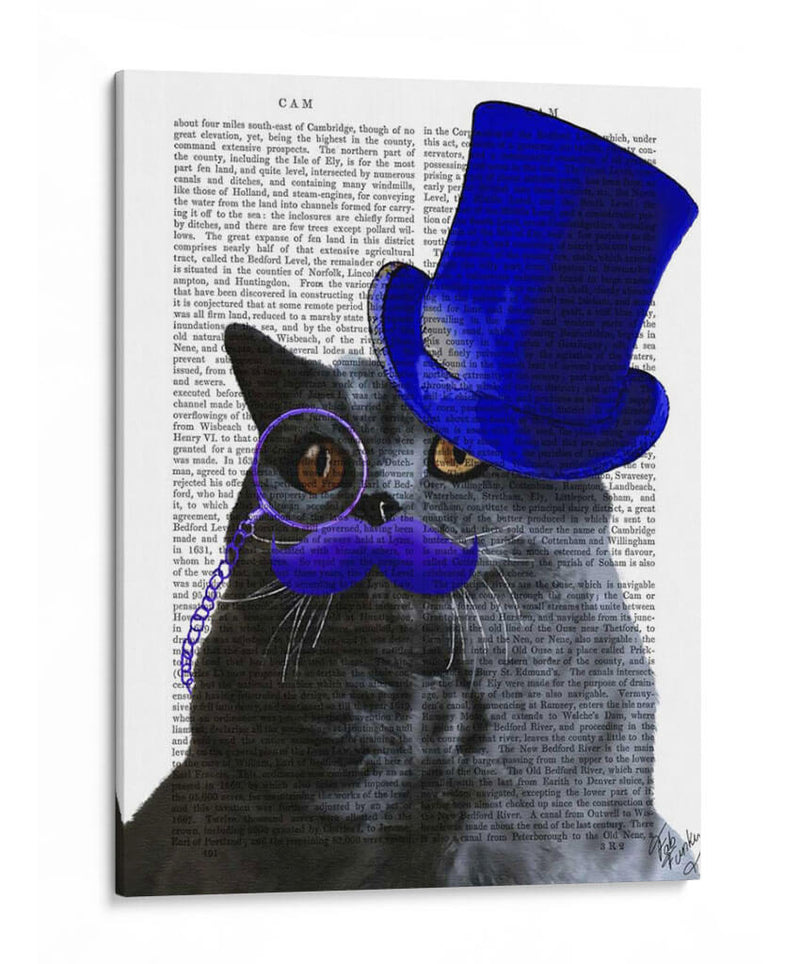 Gato Gris Con Sombrero De Copa Azul Y Bigote Azul. - Fab Funky | Cuadro decorativo de Canvas Lab