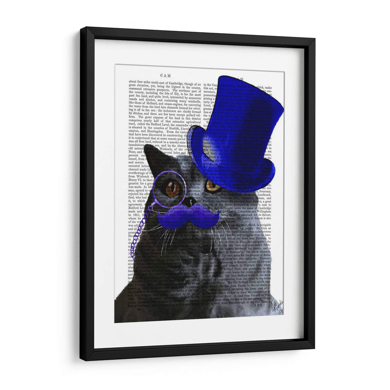 Gato Gris Con Sombrero De Copa Azul Y Bigote Azul. - Fab Funky | Cuadro decorativo de Canvas Lab