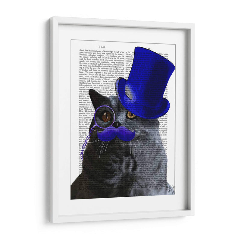 Gato Gris Con Sombrero De Copa Azul Y Bigote Azul. - Fab Funky | Cuadro decorativo de Canvas Lab