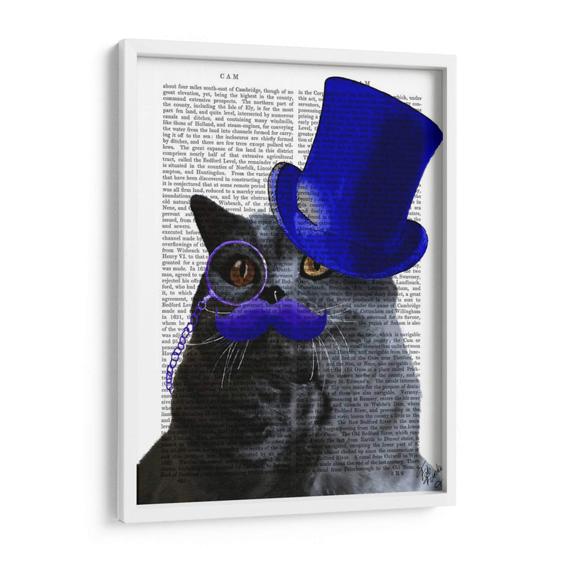 Gato Gris Con Sombrero De Copa Azul Y Bigote Azul. - Fab Funky | Cuadro decorativo de Canvas Lab