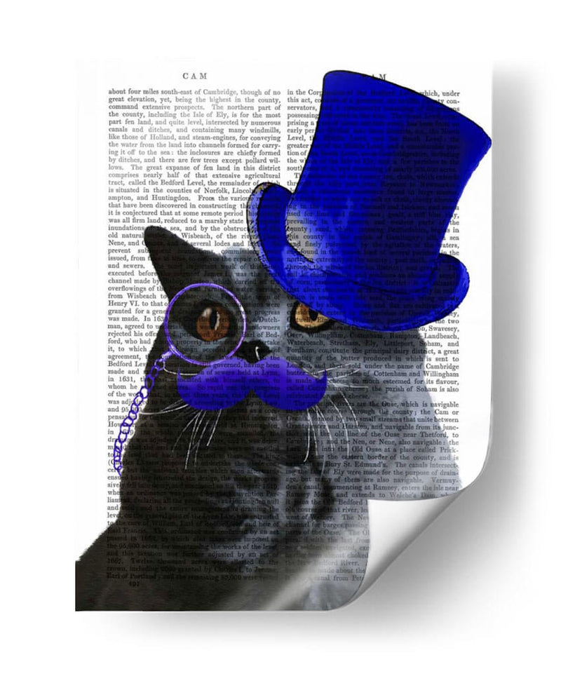 Gato Gris Con Sombrero De Copa Azul Y Bigote Azul. - Fab Funky | Cuadro decorativo de Canvas Lab