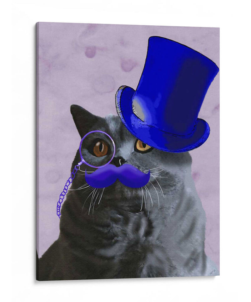 Gato Gris Con Sombrero De Copa Azul Y Bigote - Fab Funky | Cuadro decorativo de Canvas Lab