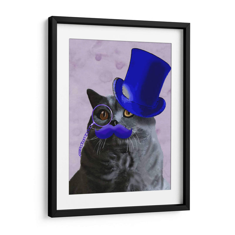 Gato Gris Con Sombrero De Copa Azul Y Bigote - Fab Funky | Cuadro decorativo de Canvas Lab