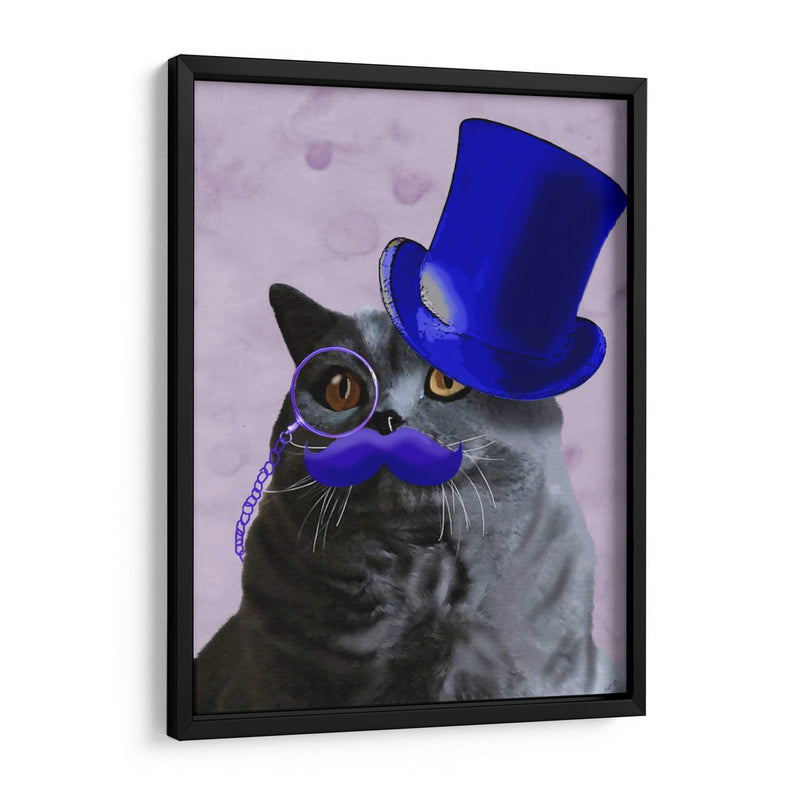 Gato Gris Con Sombrero De Copa Azul Y Bigote - Fab Funky | Cuadro decorativo de Canvas Lab