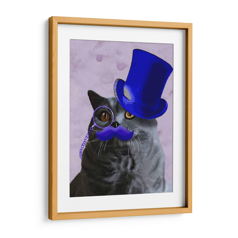 Gato Gris Con Sombrero De Copa Azul Y Bigote - Fab Funky | Cuadro decorativo de Canvas Lab