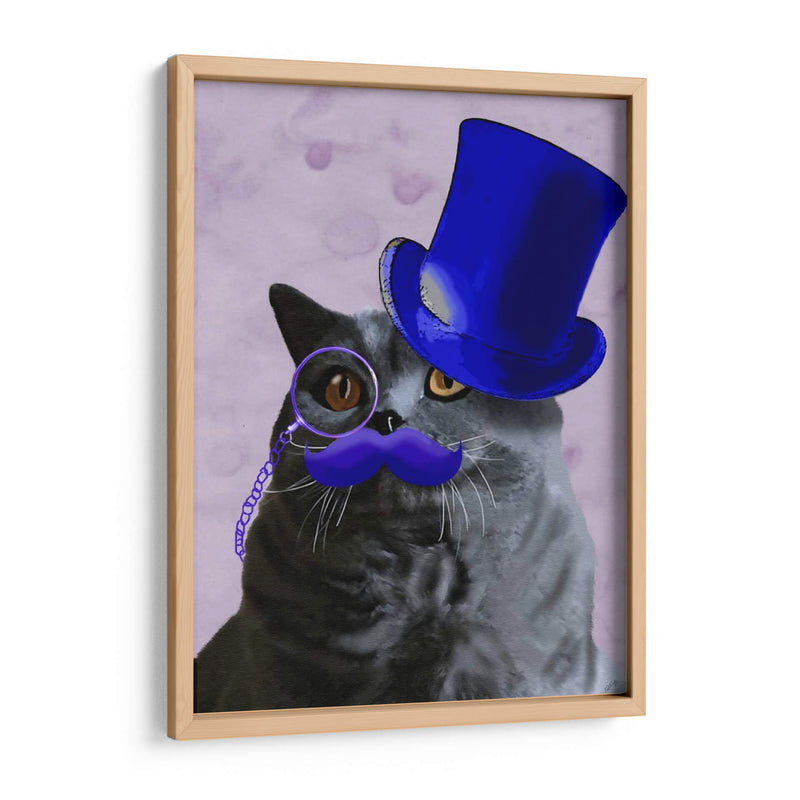 Gato Gris Con Sombrero De Copa Azul Y Bigote - Fab Funky | Cuadro decorativo de Canvas Lab