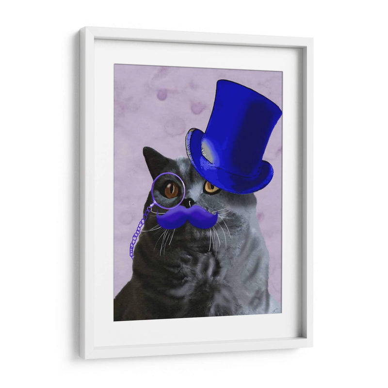 Gato Gris Con Sombrero De Copa Azul Y Bigote - Fab Funky | Cuadro decorativo de Canvas Lab