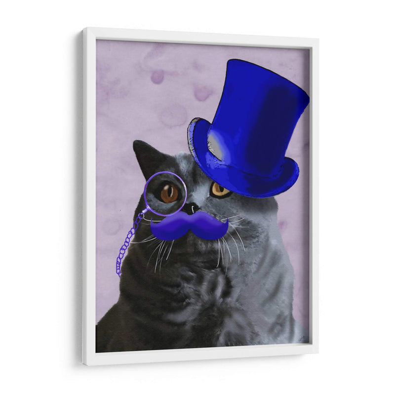 Gato Gris Con Sombrero De Copa Azul Y Bigote - Fab Funky | Cuadro decorativo de Canvas Lab