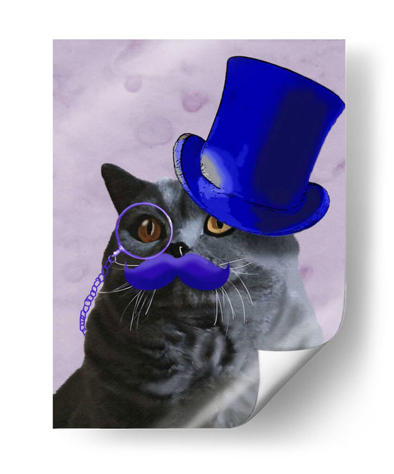 Gato Gris Con Sombrero De Copa Azul Y Bigote - Fab Funky | Cuadro decorativo de Canvas Lab