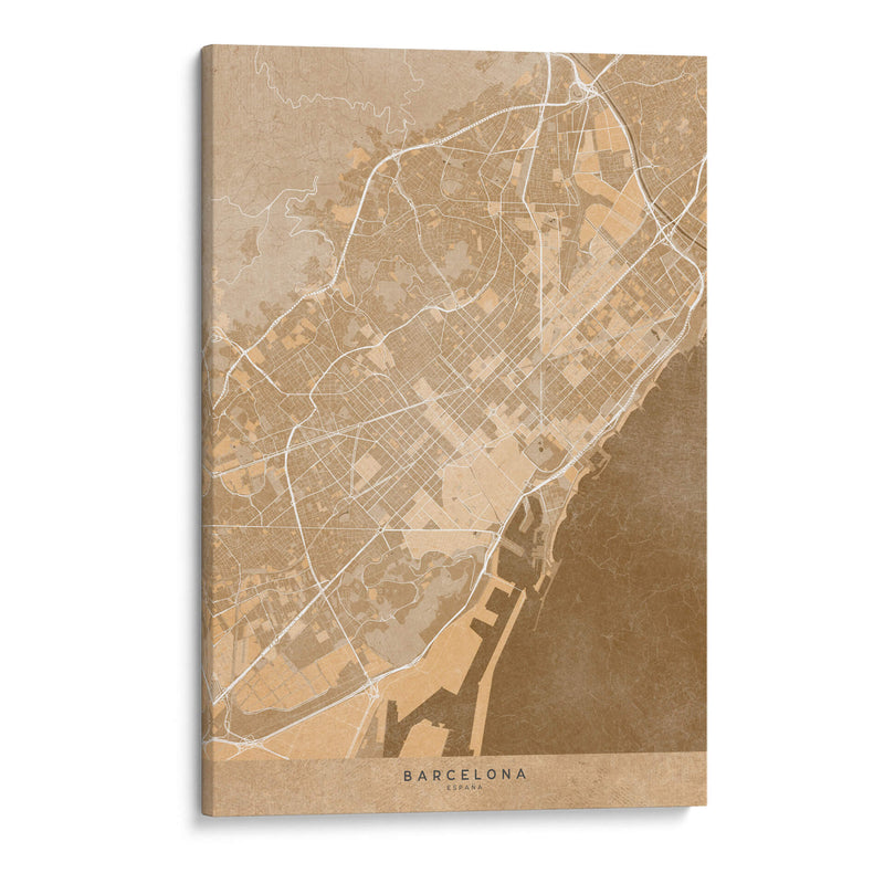 Mapa de Barcelona (España) en estilo vintage sepia - Rosana Laiz Blursbyai | Cuadro decorativo de Canvas Lab