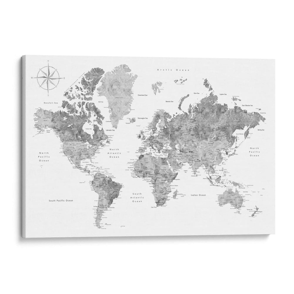 Mapa mundial de acuarela en escala de grises con ciudades Rylan - Rosana Laiz Blursbyai | Cuadro decorativo de Canvas Lab