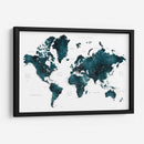 Mapa mundial verde azulado oscuro con ciudades Makani - Rosana Laiz Blursbyai | Cuadro decorativo de Canvas Lab