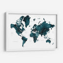 Mapa mundial verde azulado oscuro con ciudades Makani - Rosana Laiz Blursbyai | Cuadro decorativo de Canvas Lab