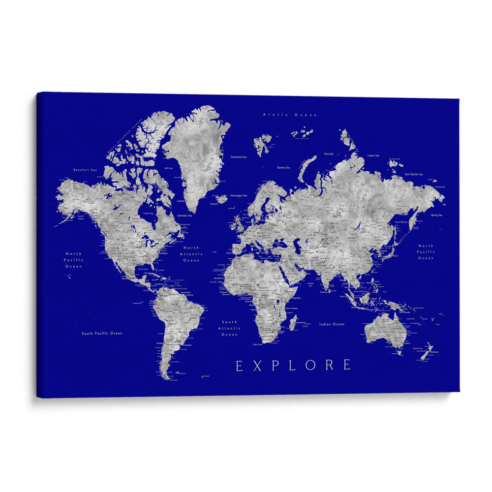 Explore - Mapa mundial con ciudades Valrie - Rosana Laiz Blursbyai | Cuadro decorativo de Canvas Lab