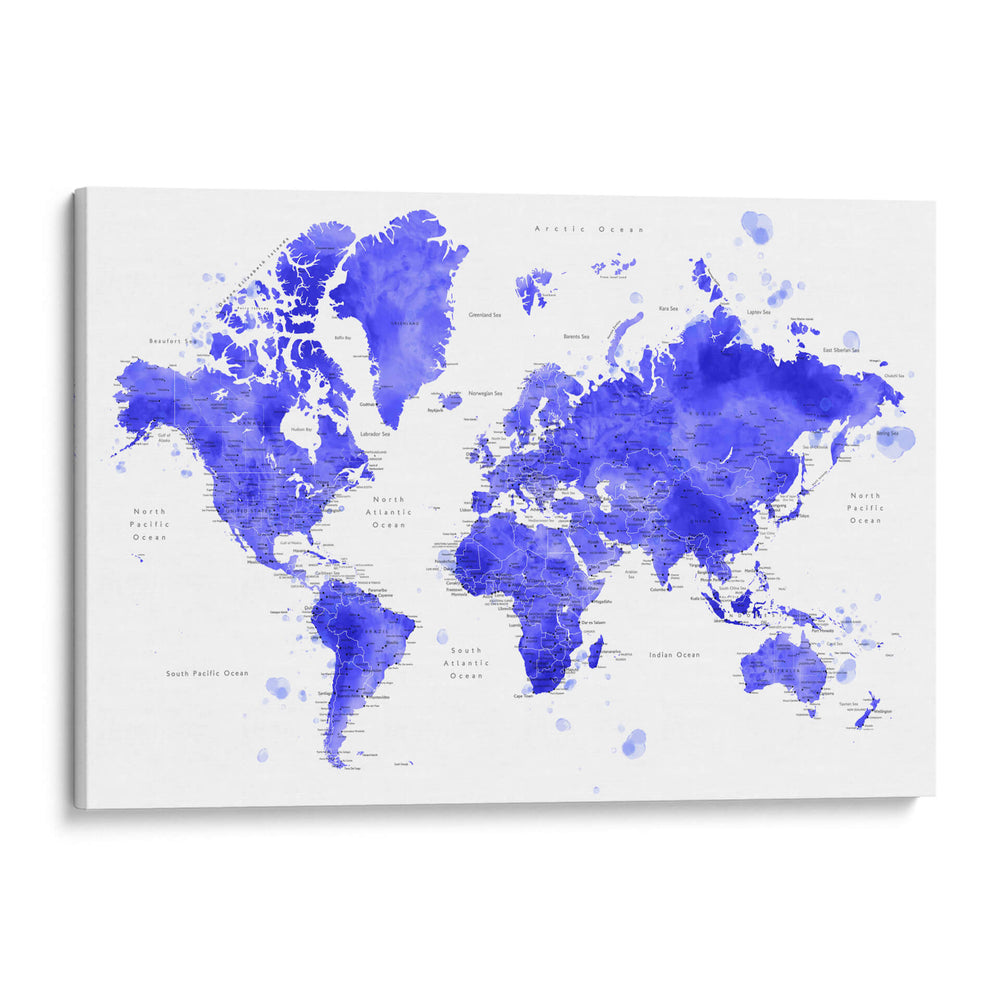 Mapa mundial en acuarela con ciudades Uyen - Rosana Laiz Blursbyai | Cuadro decorativo de Canvas Lab