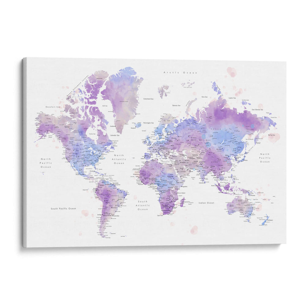 Mapa mundial en acuarela con ciudades Gina - Rosana Laiz Blursbyai | Cuadro decorativo de Canvas Lab