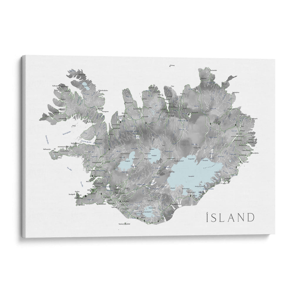 Isla - Mapa de Islandia en acuarela gris con etiquetas nativas - Rosana Laiz Blursbyai | Cuadro decorativo de Canvas Lab