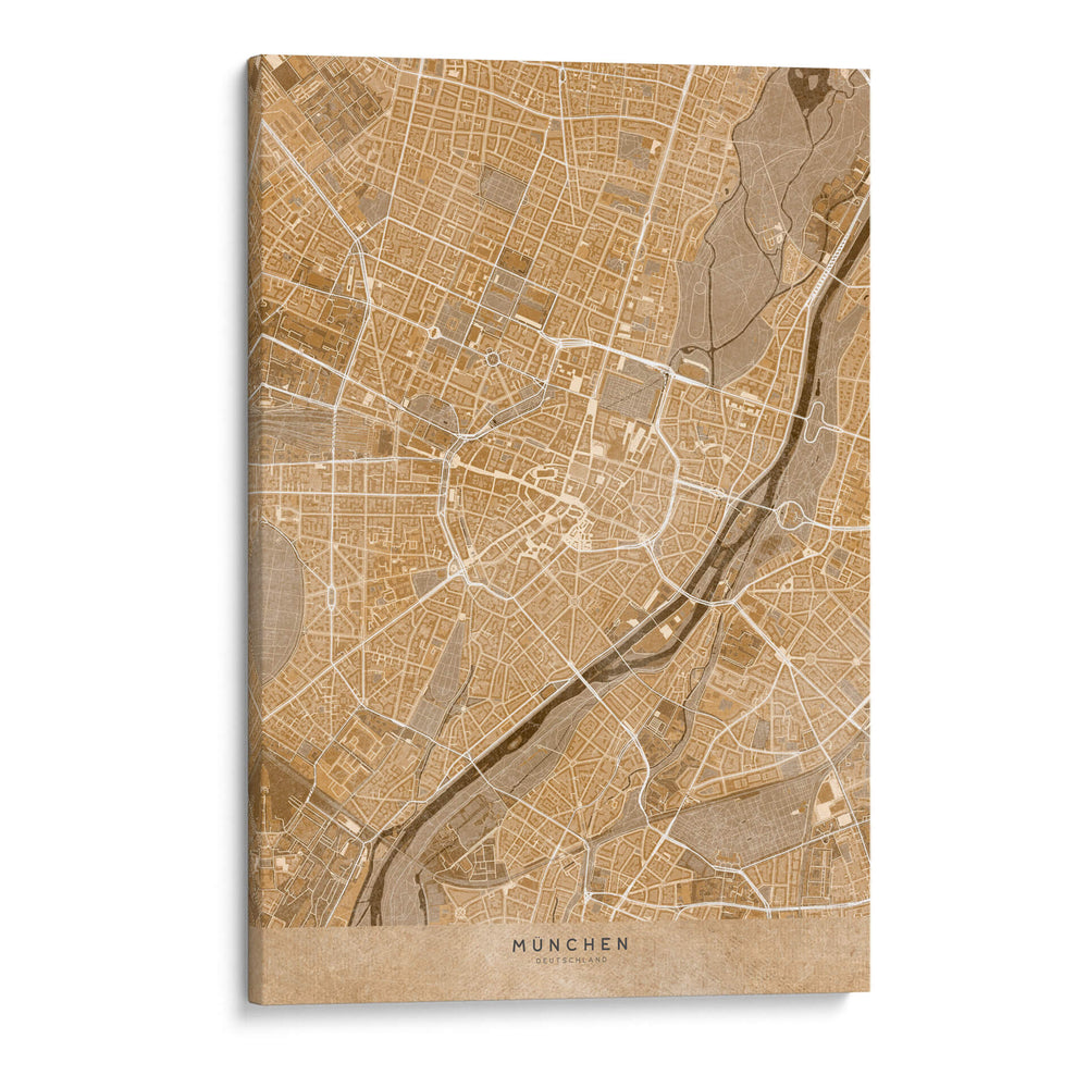Mapa vintage en sepia del centro de Munchen, Alemania - Rosana Laiz Blursbyai | Cuadro decorativo de Canvas Lab