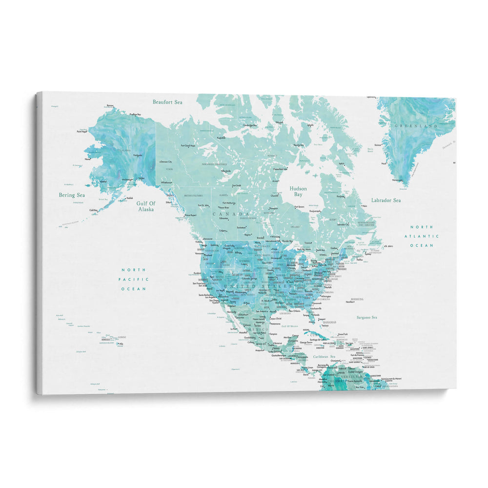 Mapa de América del Norte en acuarela aguamarina - Rosana Laiz Blursbyai | Cuadro decorativo de Canvas Lab