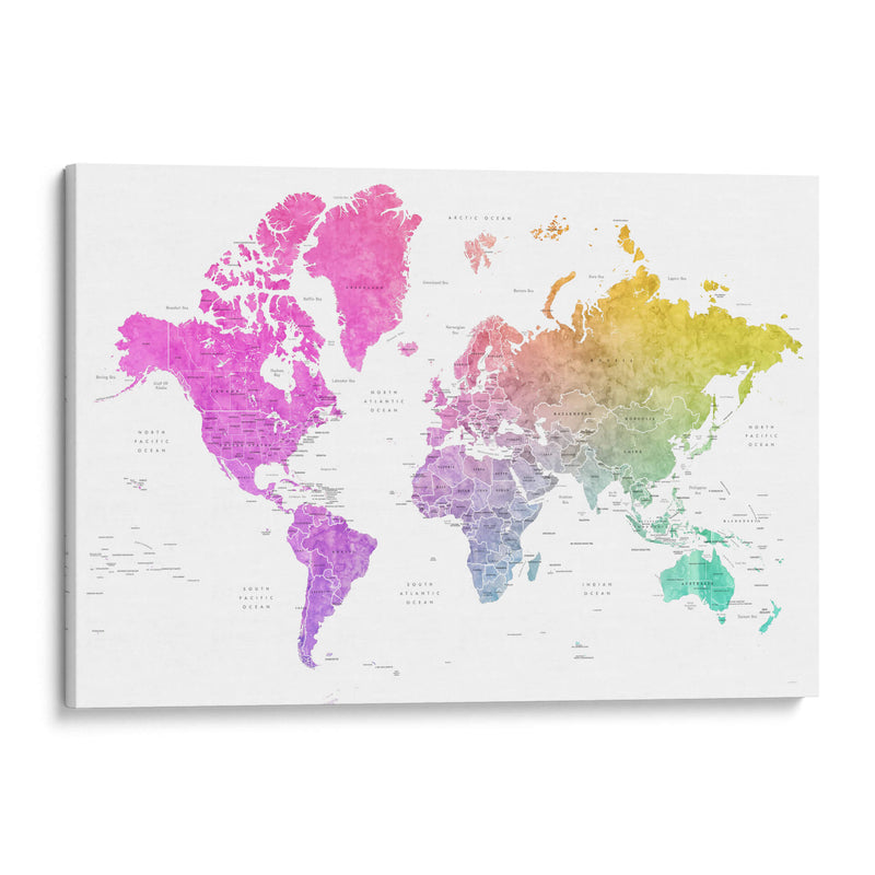 Mapa mundial en acuarela con países Leo - Rosana Laiz Blursbyai | Cuadro decorativo de Canvas Lab