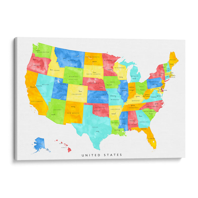 United States - Mapa colorido con estados y capitales estatales - Rosana Laiz Blursbyai | Cuadro decorativo de Canvas Lab
