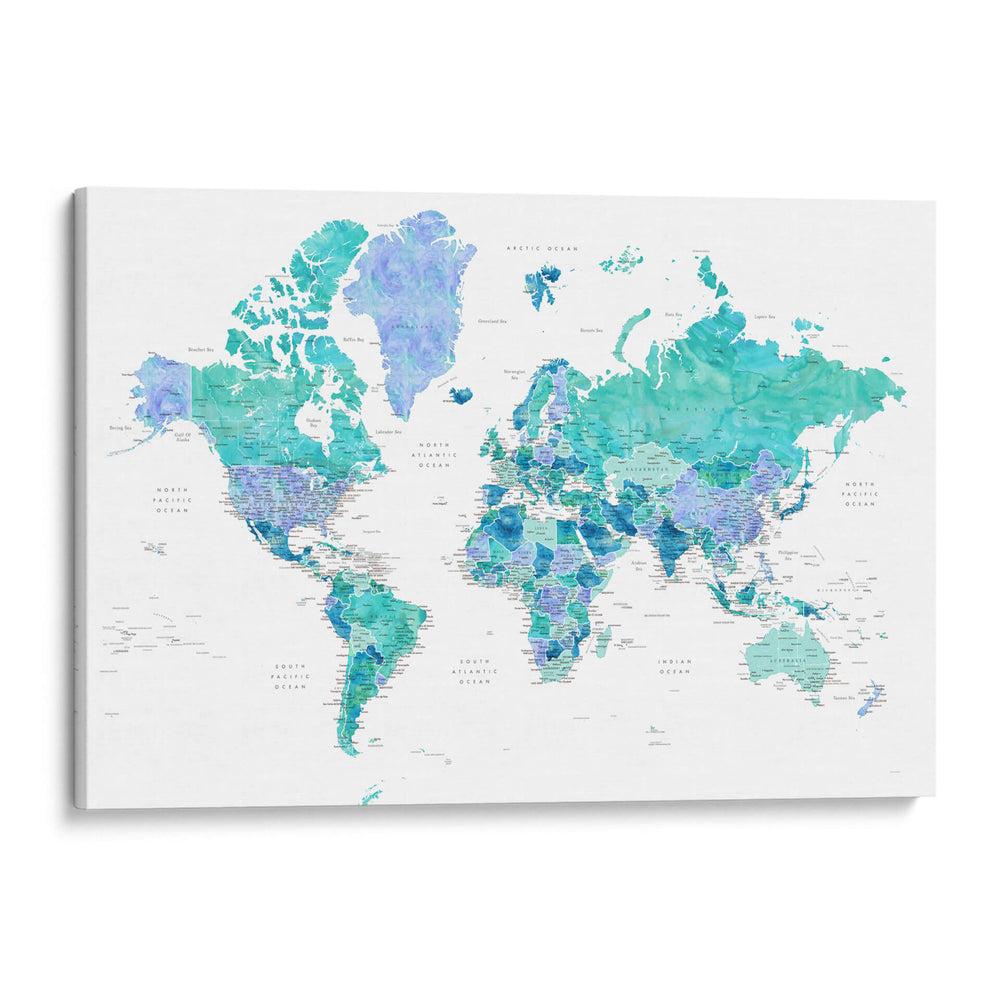 Mapa mundial detallado con ciudades aguas del Caribe - Rosana Laiz Blursbyai | Cuadro decorativo de Canvas Lab