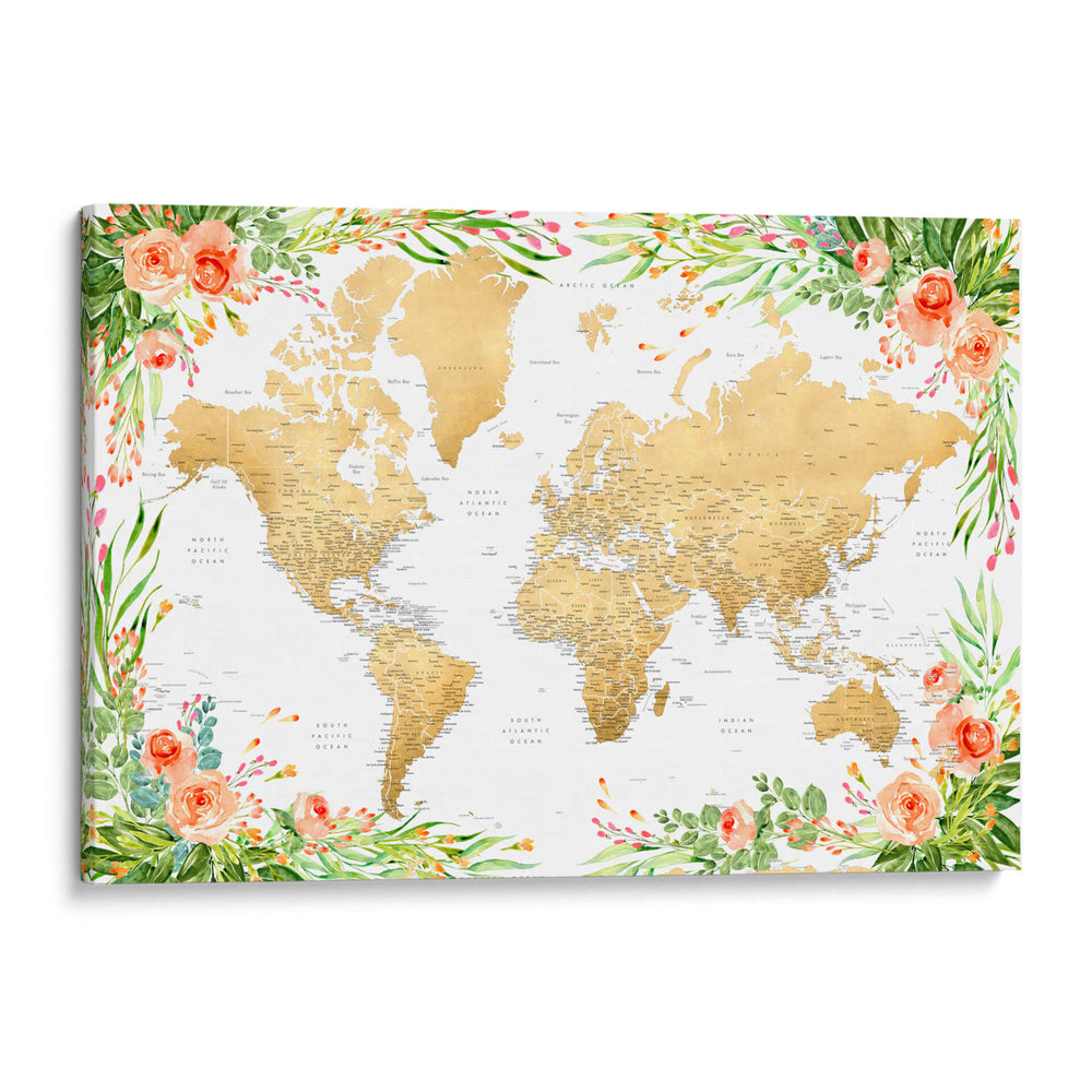 Mapa mundial bohemio floral con ciudades Blythe - Rosana Laiz Blursbyai | Cuadro decorativo de Canvas Lab