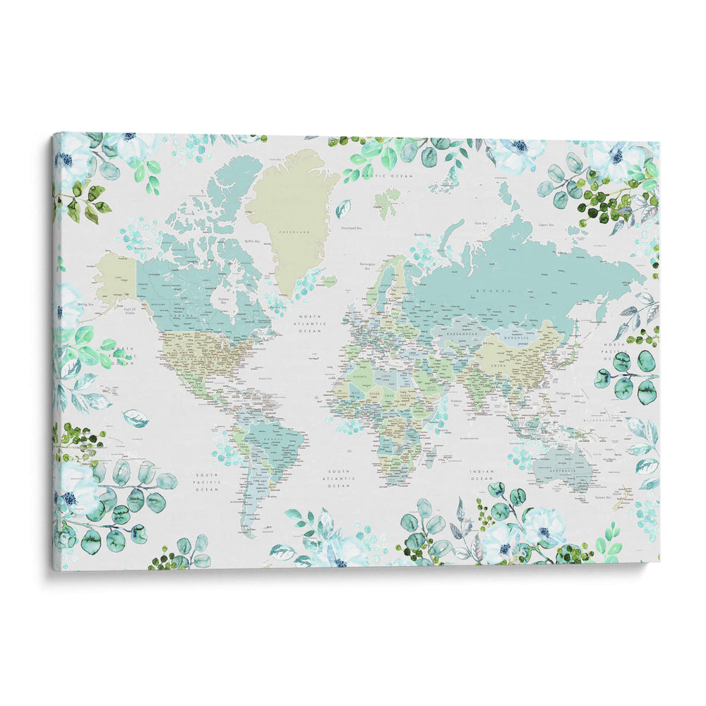 Mapa mundial detallado con ciudades y flores Marie - Rosana Laiz Blursbyai | Cuadro decorativo de Canvas Lab