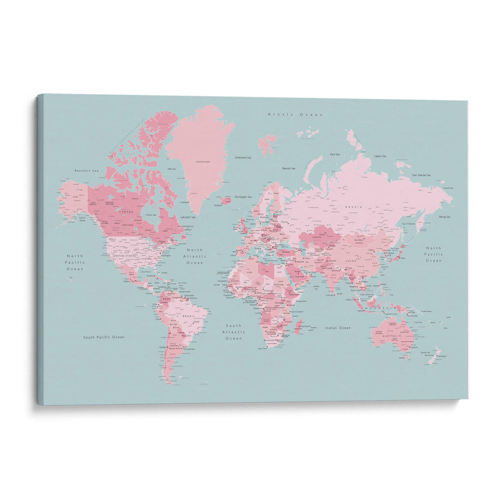 Mapa mundial rosa y agua con ciudades Isobel - Rosana Laiz Blursbyai | Cuadro decorativo de Canvas Lab