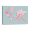 Mapa mundial rosa y agua con ciudades Isobel - Rosana Laiz Blursbyai | Cuadro decorativo de Canvas Lab