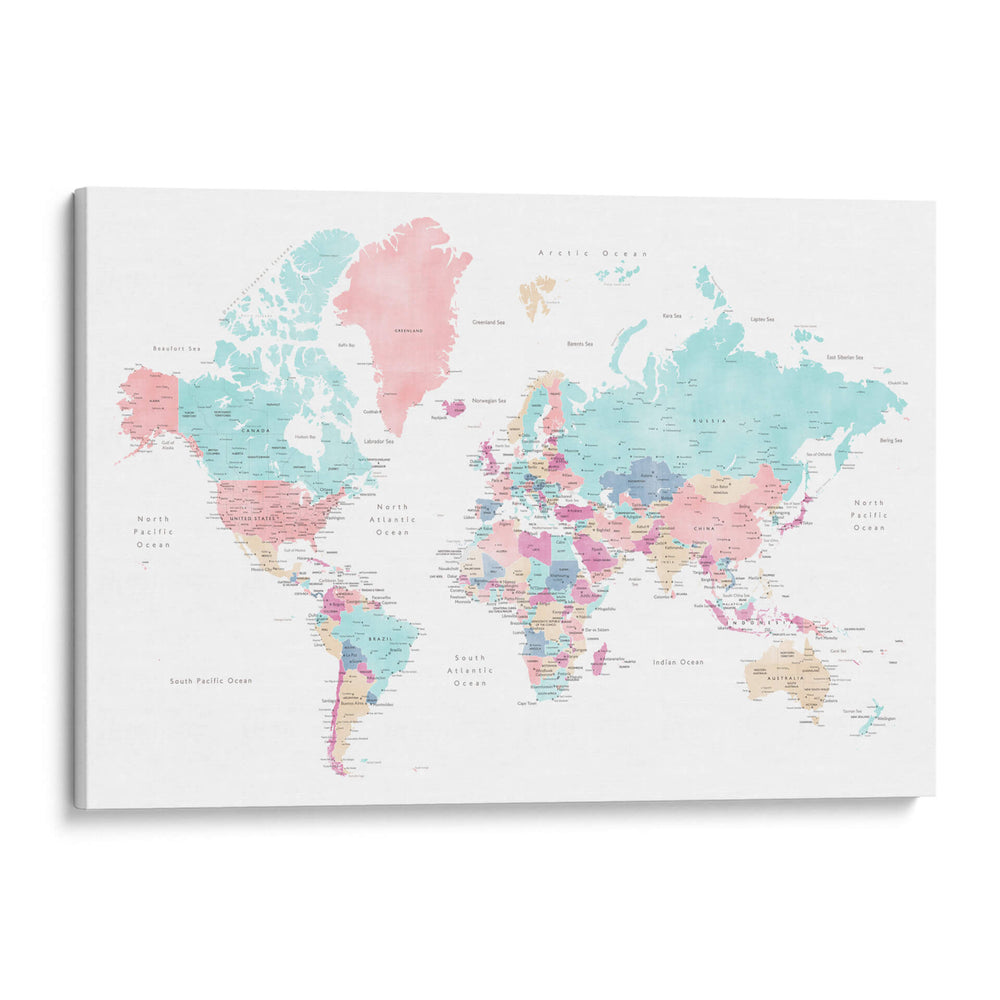 Mapa mundial de pasteles desgastados con ciudades Carmen - Rosana Laiz Blursbyai | Cuadro decorativo de Canvas Lab