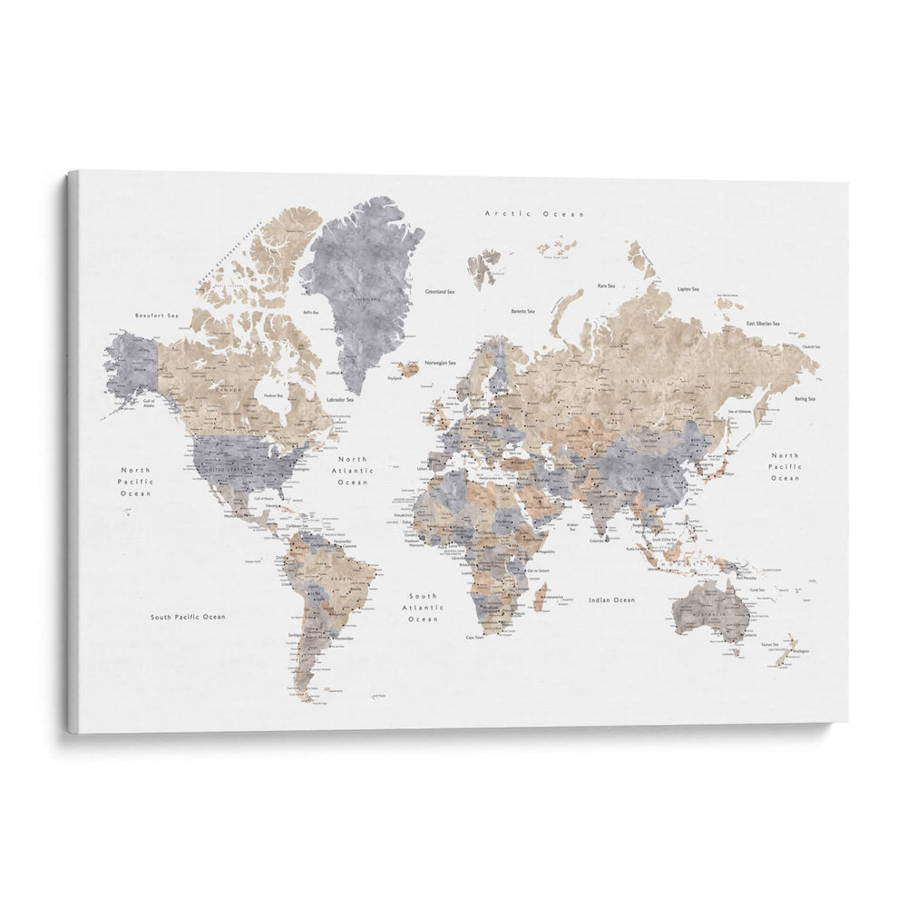 Mapa mundial en acuarela con ciudades Gouri - Rosana Laiz Blursbyai | Cuadro decorativo de Canvas Lab
