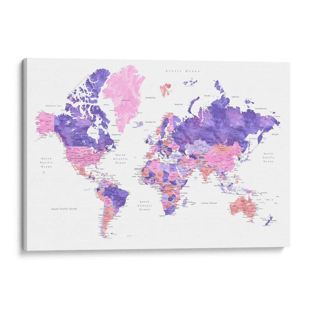 Mapa mundial en acuarela con ciudades Brandie - Rosana Laiz Blursbyai | Cuadro decorativo de Canvas Lab