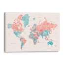 Mapa mundial en acuarela con ciudades Charlotte - Rosana Laiz Blursbyai | Cuadro decorativo de Canvas Lab