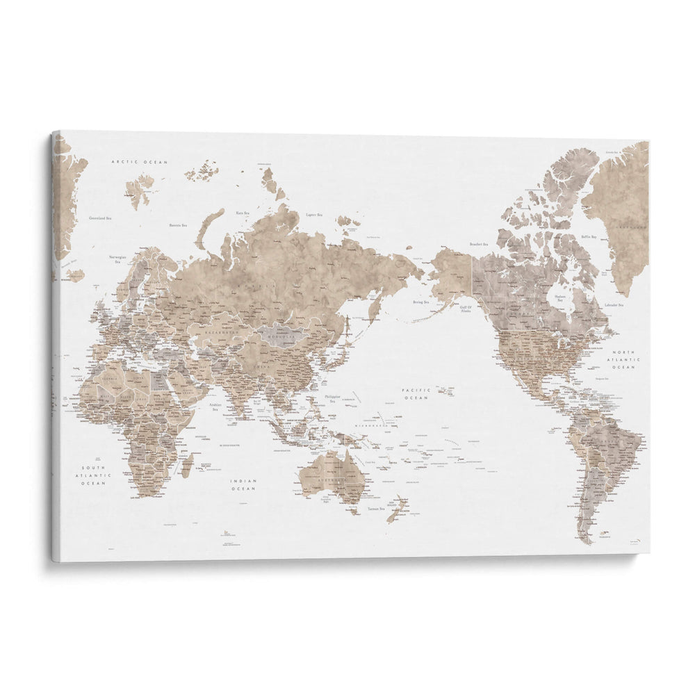 Mapa mundial centrado en el Pacífico en color topo - Rosana Laiz Blursbyai | Cuadro decorativo de Canvas Lab