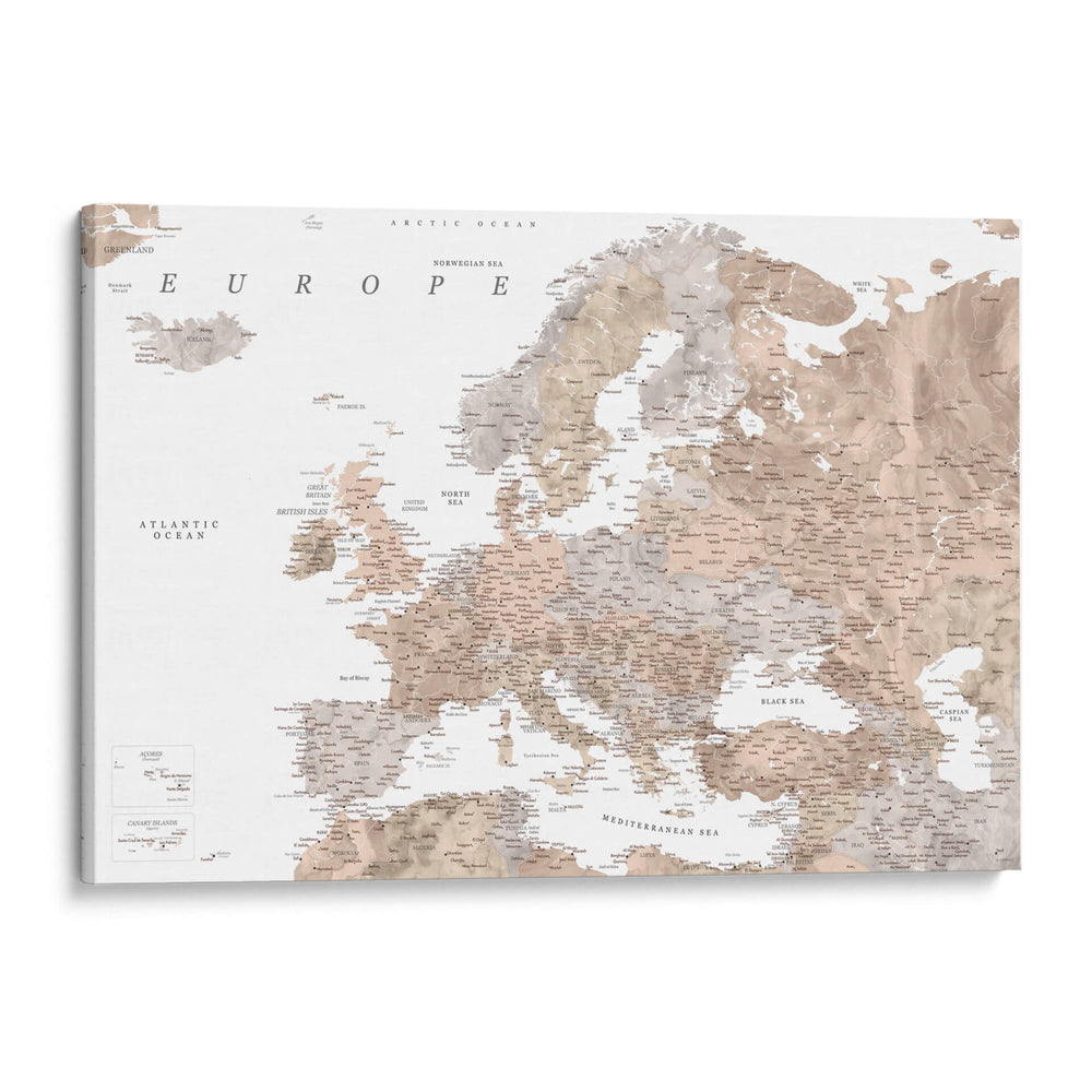 Mapa detallado de Europa en color topo - Rosana Laiz Blursbyai | Cuadro decorativo de Canvas Lab
