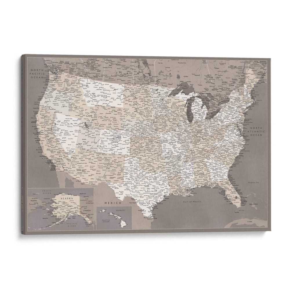 Mapa muy detallado de los Estados Unidos color topo oscuro - Rosana Laiz Blursbyai | Cuadro decorativo de Canvas Lab