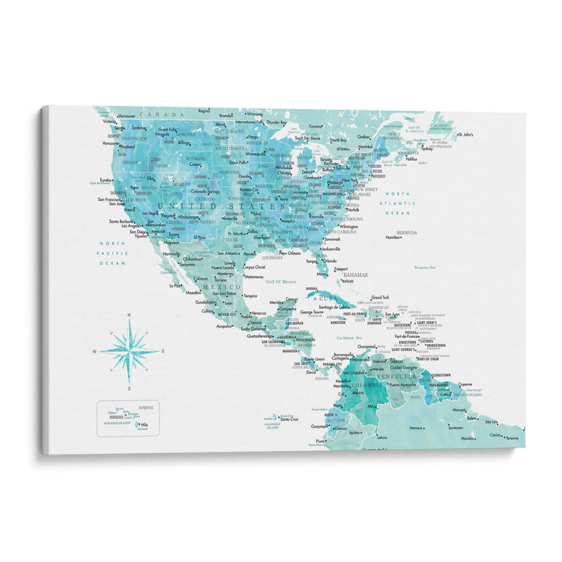 Mapa aguamarina de Estados Unidos y México - Rosana Laiz Blursbyai | Cuadro decorativo de Canvas Lab